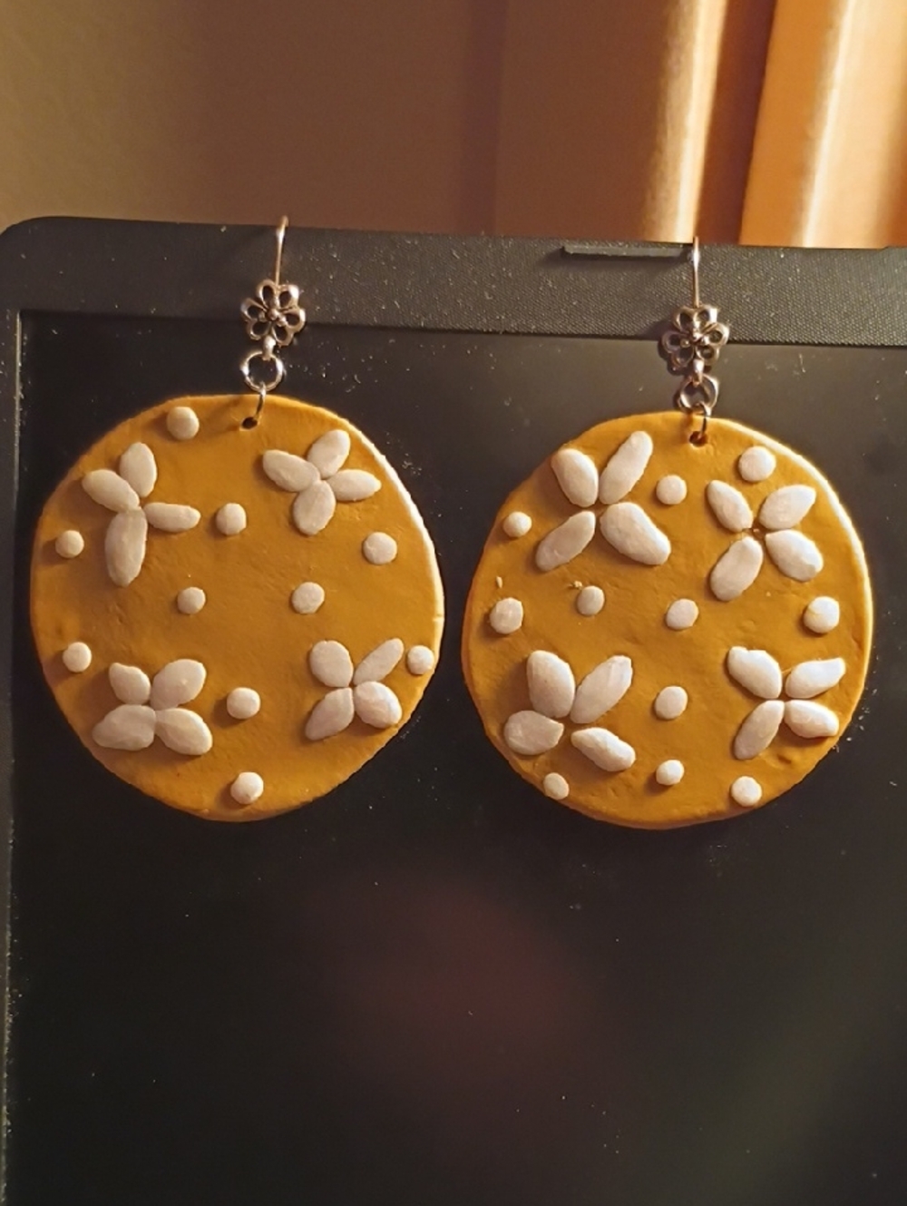 Handcrafted Molded Rubber Gold And Pearlized  Cream Floral Drop Earrings